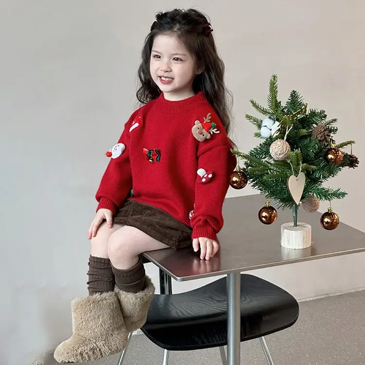 1-8Y Girls Winter Christmas Sweater 3D Bow Tree Elk Thicken Kid Girl Pullovers Joyful Round Collar Toddler Baby Girl Knitted Top