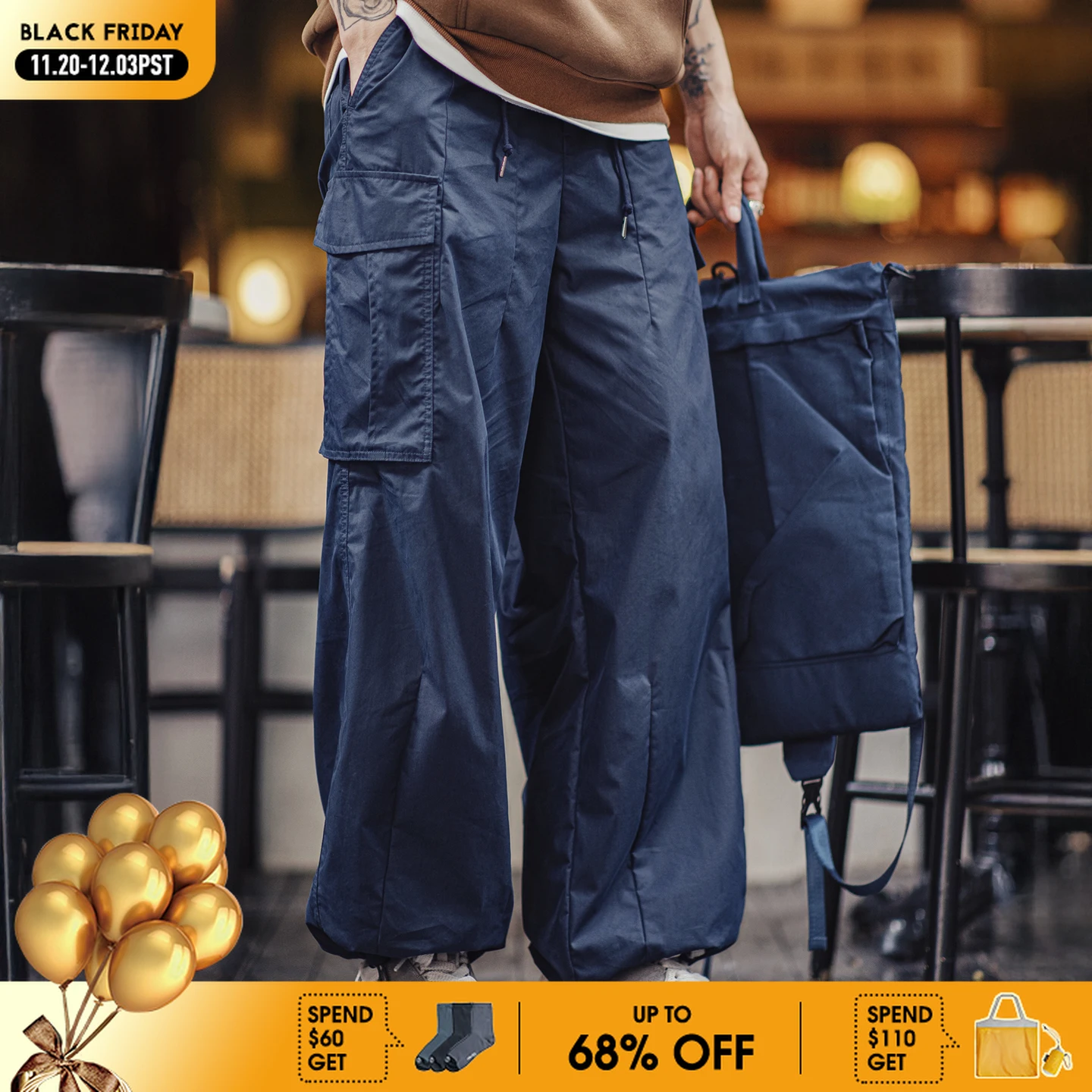 

Maden Retro Men's M65 Big Pocket Casual Pants Straight-Leg Lightweight Trousers Blue Woven Long Pants for Autumn Streetwaer