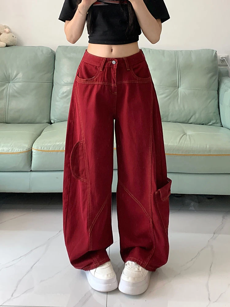 Damskie szerokie spodnie z dużymi kieszeniami, luźne, z szerokimi nogawkami, czerwone, personalizowane spodnie, stylowe, codzienne spodnie dla dziewczyn, damskie dżinsy z zakrzywionym krojem.