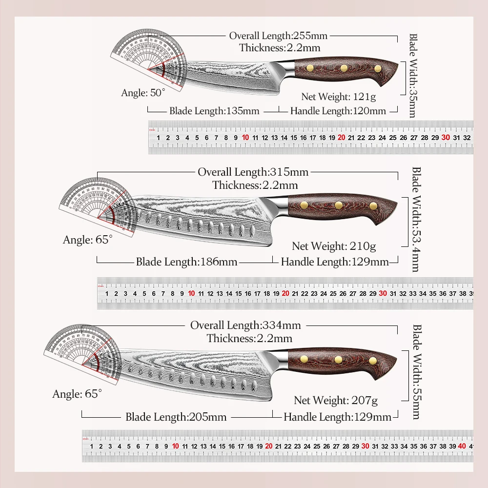 HEZHEN 3PC Knife Set 67 Layers Damascus Steel Chef + Santoku + Utilty Knife 60±2 HRC High quality Micarta Handle Kitchen Knives