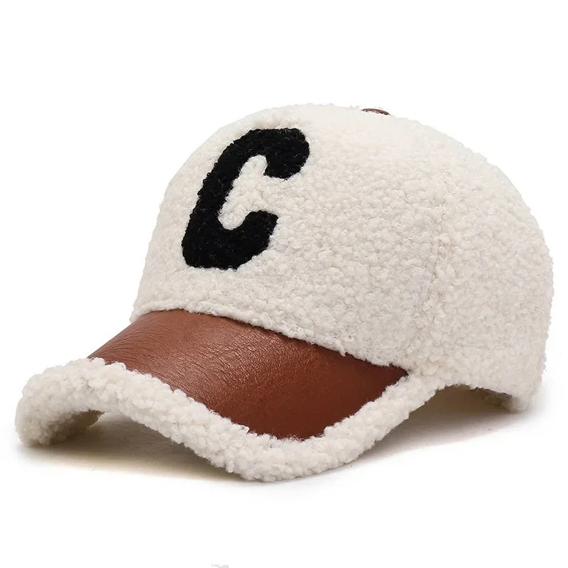 Female Autumn And Winter Letter Embroidered Lamb Wool Baseball Cap Outdoor Leisure Teddy Warm And Cold Proof Duck Tongue Hat