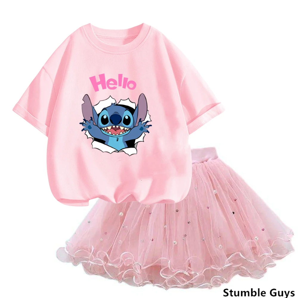 

2024 Girls Birthday Present fashion Princess Party Stitch T Shirt Set Girl Tutu Fluffy Skirt +T Shirt 3-14 Years Outfits Clothes