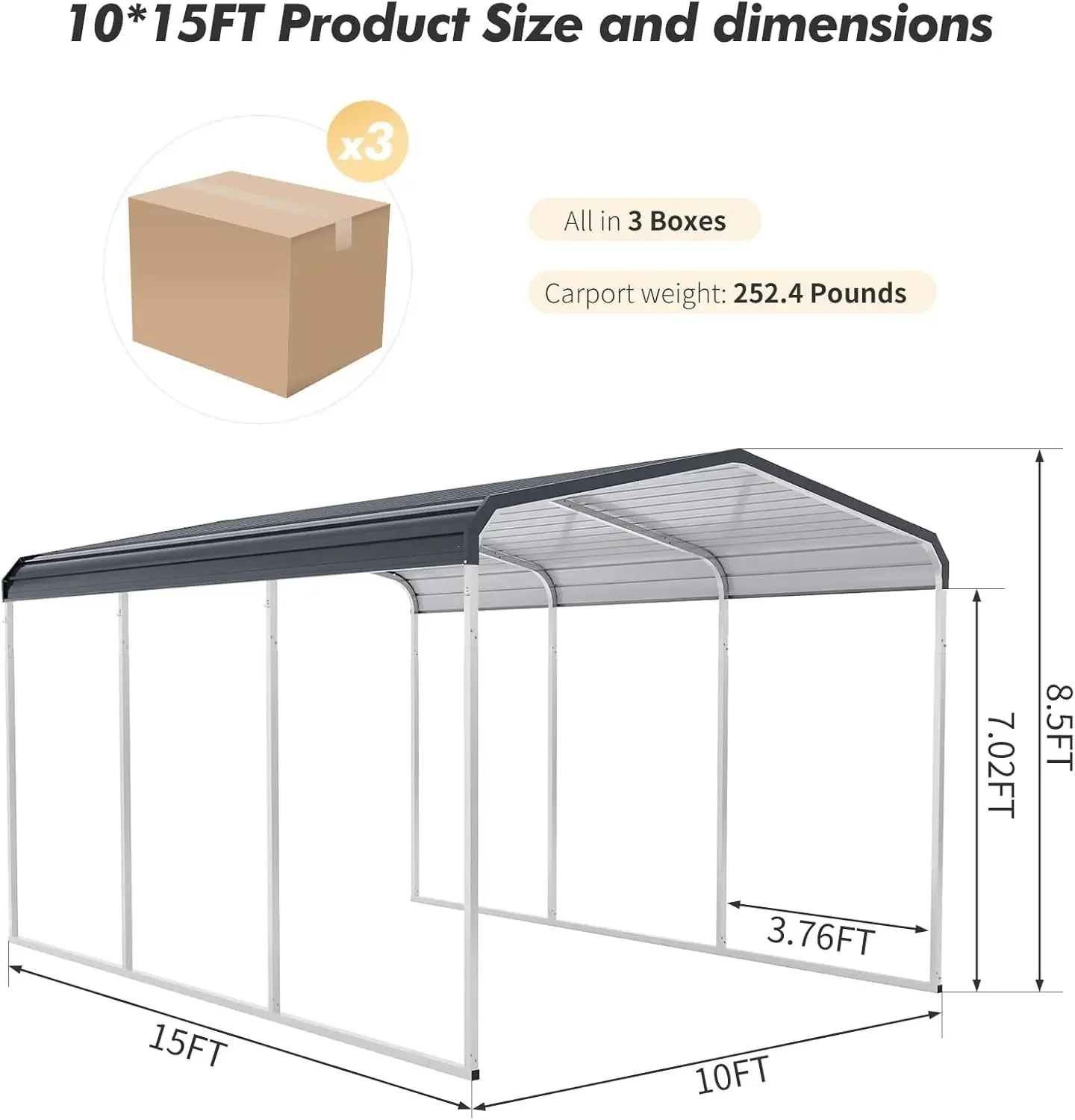 

Heavy Duty 10x15 ft Metal Carport Oversized Steel Car Port for Trucks Boats Tractors All Weather Protection 680 lbs Net Weight