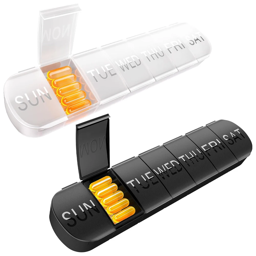 Pilulier hebdomadaire, boîte à pilules de voyage de 7 jours, grand compartiment pour contenir des vitamines, de l'huile de foie de morue, des suppléments et des médicaments