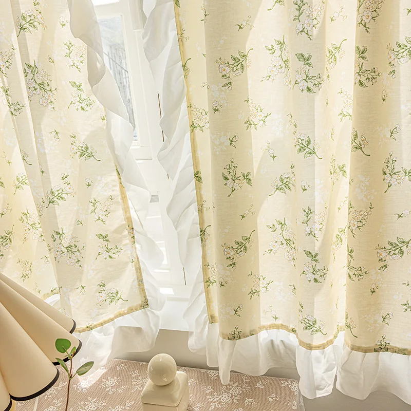 

Farmhouse Ruffle Curtains, French Country Floral Curtain for Living Room Bedroom, Light Filtering Shabby Chic Window Curtains
