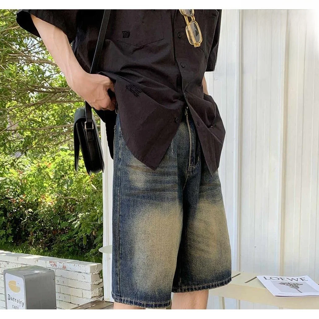 Calças Curtas de Denim Lavadas com 5 Botões, Jeans Soltos de Perna Reta para Homens e Mulheres, Shorts Versáteis em Mistura d...