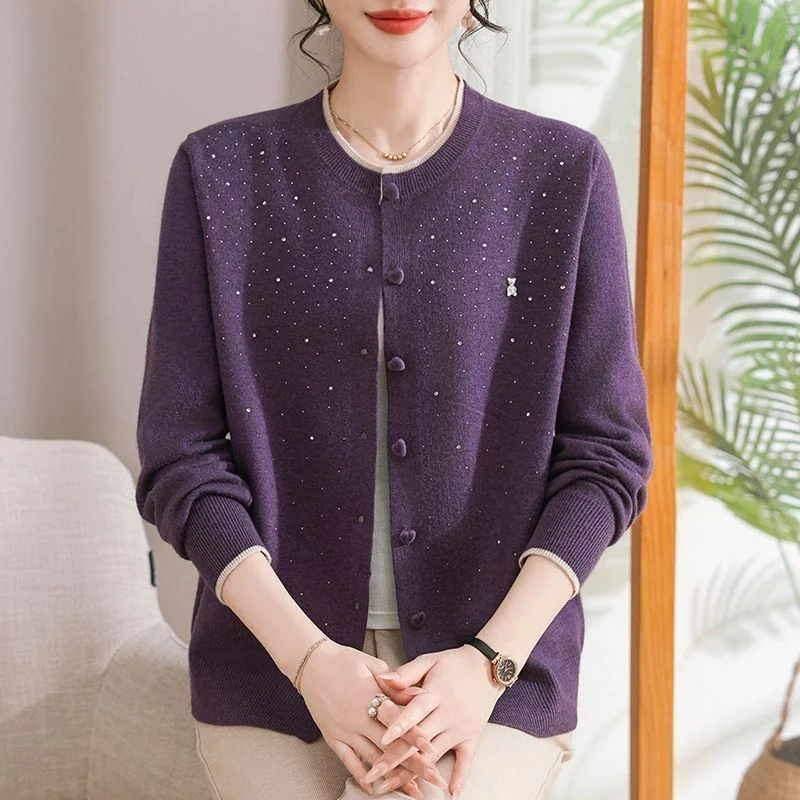 Fashion 2025 Solid Color Cardigan Autumn Loose Knitted New Sweater Top Round Neck Thin Coat Wear