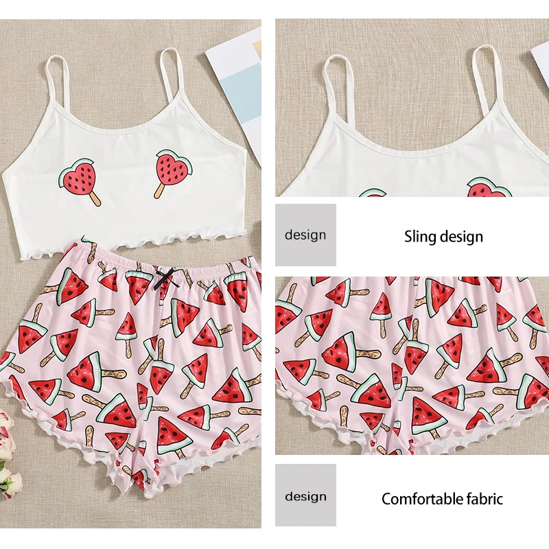 Summer New Comfortable Two-Piece Milk Silk Pink Printed Watermelon Suspender Sexy Women\'s Home Sleepwear Set