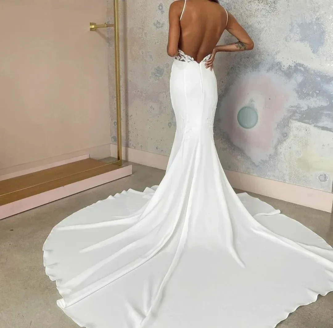 Vestidos de casamento longos simples femininos, gola quadrada, cintas de espaguete, sem mangas cetim, trem da sereia, personalizado