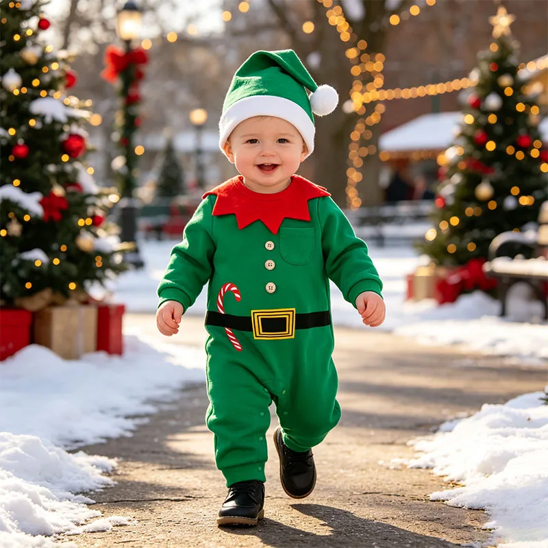 Baby Boy Christmas Elf Costume 2Pcs Set Long Sleeve Green Jumpsuit with Elf Hat Infant Newborn Xmas Party Photo Outfit