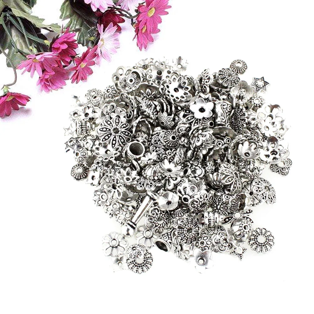 

240pcs Beads Support Accessories DIY Bracelet Handmade Jewelry Flat Flower Pattern Tibetan Silver Alloy Craft Project
