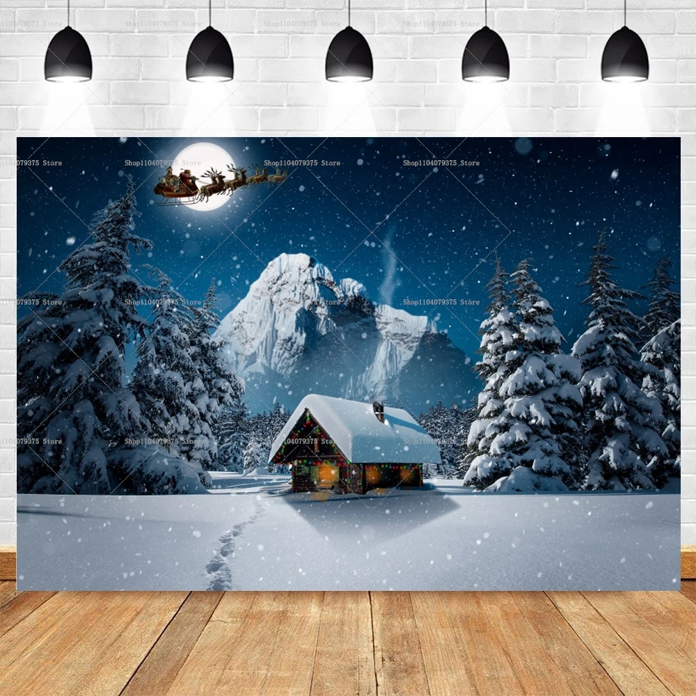 Dark Blue Sky Moon Glitter Star Photography Backdrop Christmas Winter Pine Tree Forest Snow Night Natural Scene Photo Background