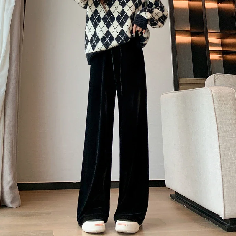 Pop automne hiver ample velours doré pantalon à jambes larges pour les femmes taille haute décontractée Baggy fille velours pantalon vêtements