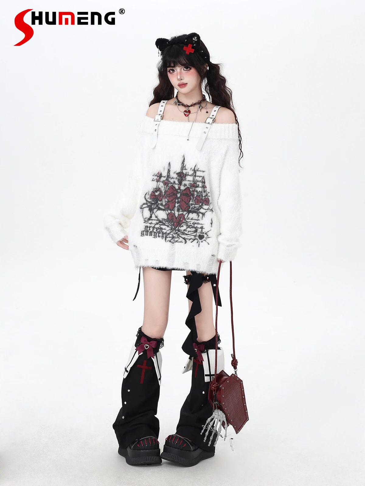 

Subculture Sweet Cool Girl Y2K Pullover Tops Off Shoulder Long Sleeve Straps Loose Casual Versatile Knitted Sweater Women Autumn