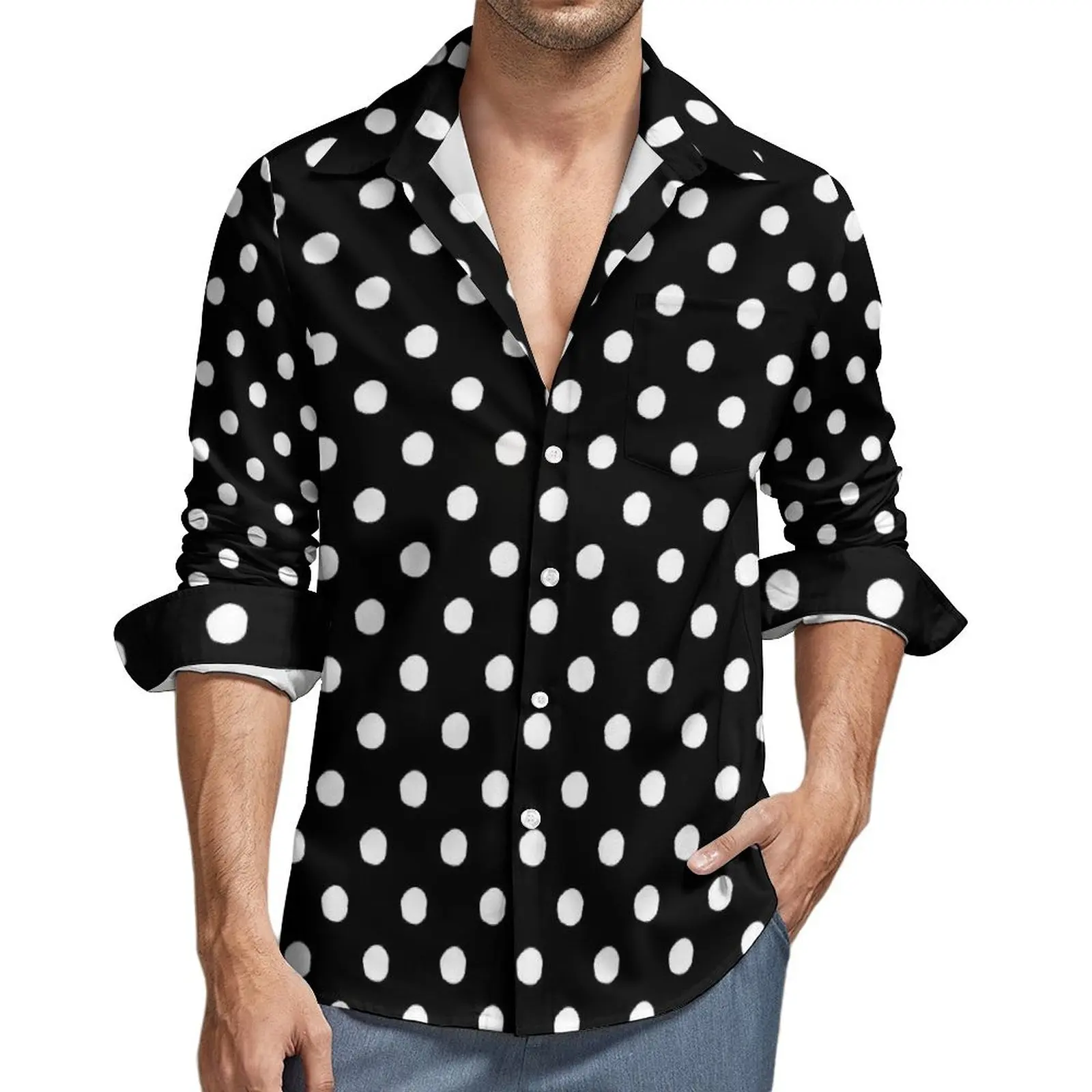 Vintage Men Shirt Black Polka Dots Casual Shirts Long Sleeve Print Street Blouse Autumn Retro Design Oversized Clothing Shirts