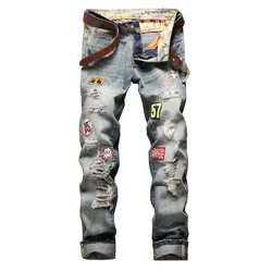 New Men's Hip Hop High Street Motorcycle Jeans Badge Distressed Ripped Denim Trousers Male Non-stretch Straight Slim Fit Jeans