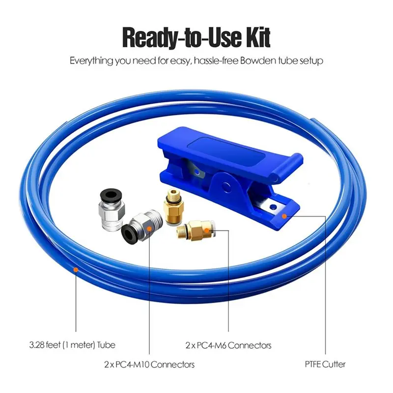 A02F-2X Bowden Tubing Kit, Ptfetubing For 1.75 Mm Filament, With PC4-M10 And PC4-M6 Fittings, Cutter A