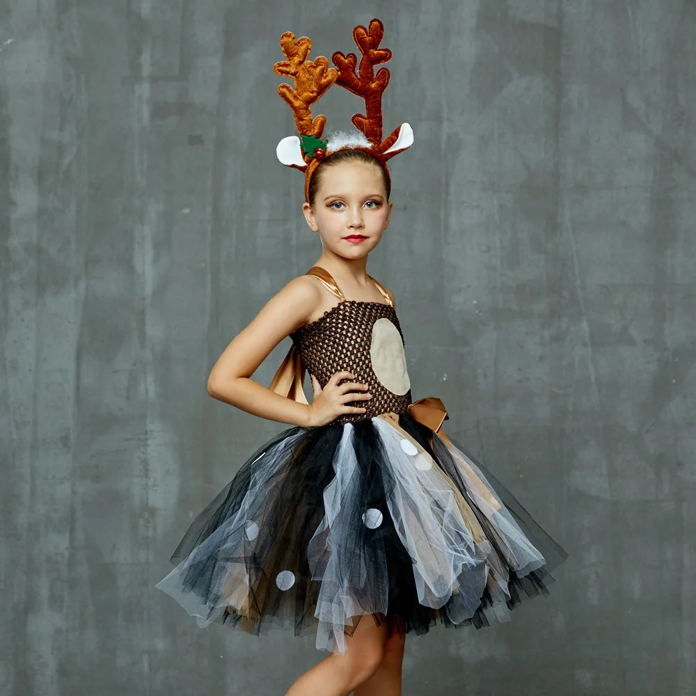 Christmas Girls Brown Elk Handmade Tulle Tutu Dress Kids Princess Dress Cartoon Deer Set Birthday Attire Children Mesh Outfit