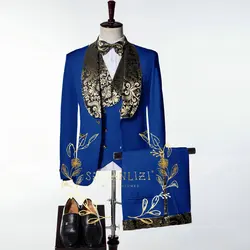 Slim Fit Royal Blue Men Suits 3 Piece Gold Floral Lapel Groom Tuxedos for Wedding Groomsmen Italian Style Suit Jacket Vest Pants