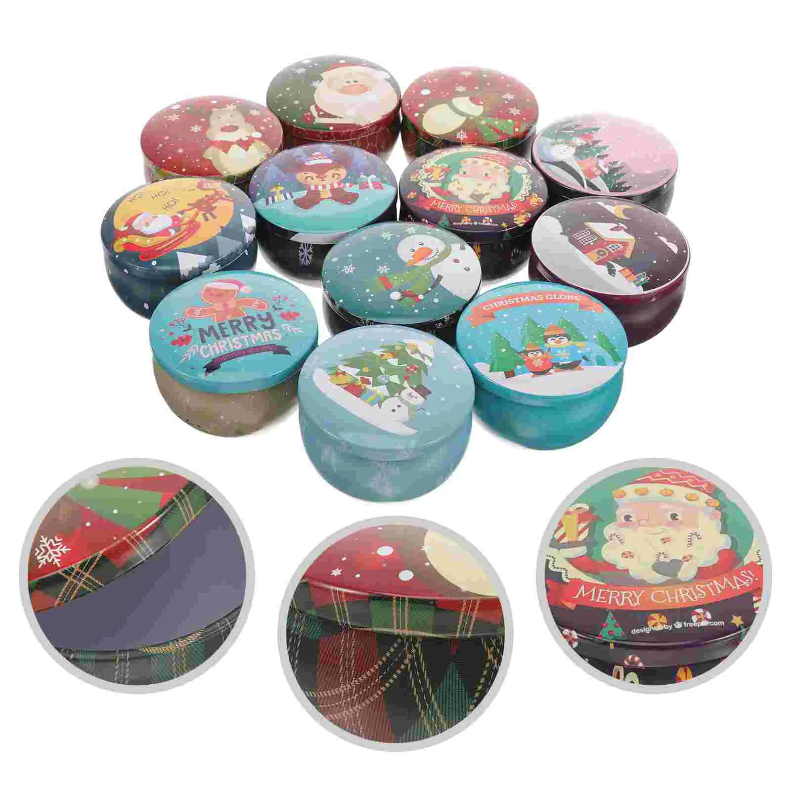 12pcs DIY Scented Boxes Holder Christmas Theme Metal Containers Random Style Candles