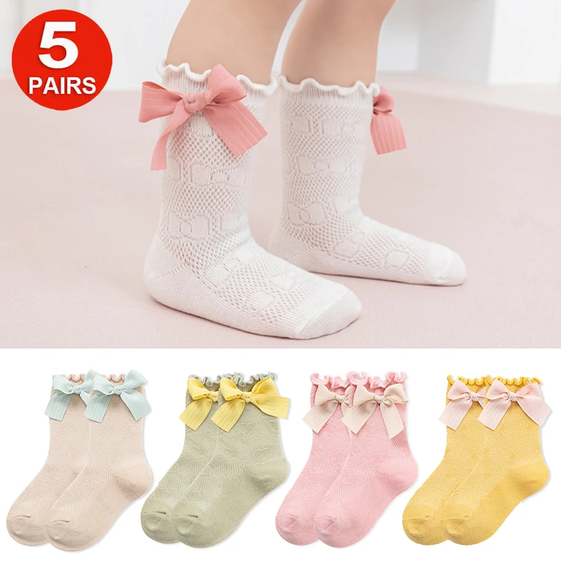 

5 Pairs Baby Girls Socks Toddler Spanish Style Bow Cotton Mesh Breathable Socks 1-5 Years for Kids Chidren