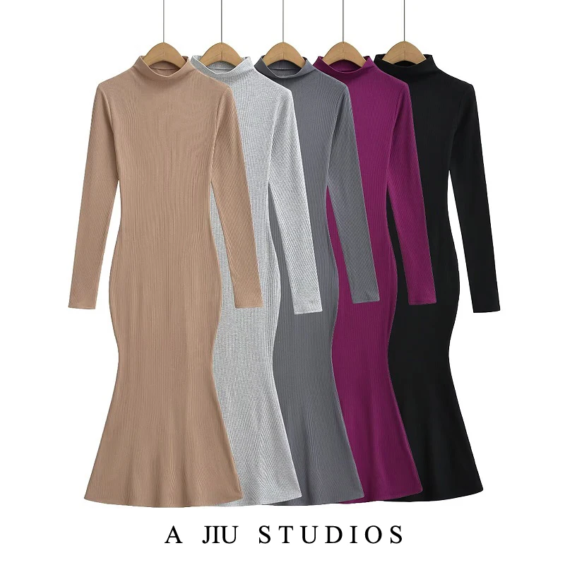 

Женское облегающее платье с длинным рукавом, весенне-осеннее, сексуальное, обтягивающее, с эффектом «рыбий хвост», с высоким воротником, облегающее, длинное, в стиле бодикон.