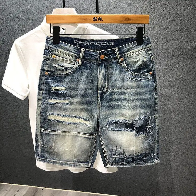 Summer 2025 Ripped Denim Trendy Brand Shorts Washed Retro Thin Short Pants Men's Loose Luxury Cargo Beggar Work Pants Men