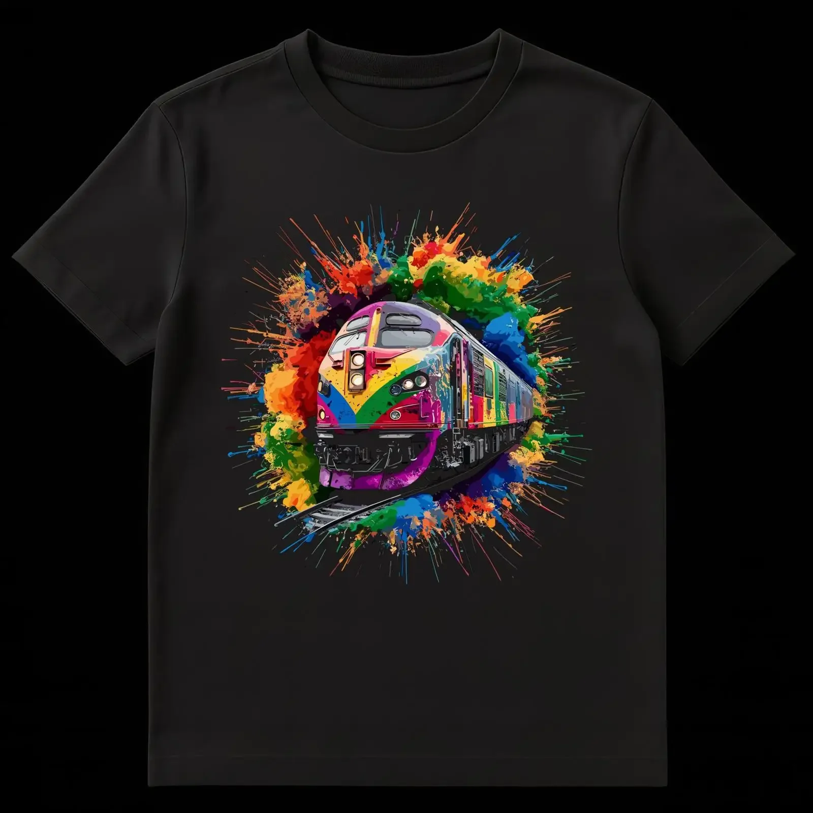 Train Enthusiast Colorful Splatter Railway T Shirt vintage Washed Comfortable Stylish homme Top For Everyday Wear Versatile