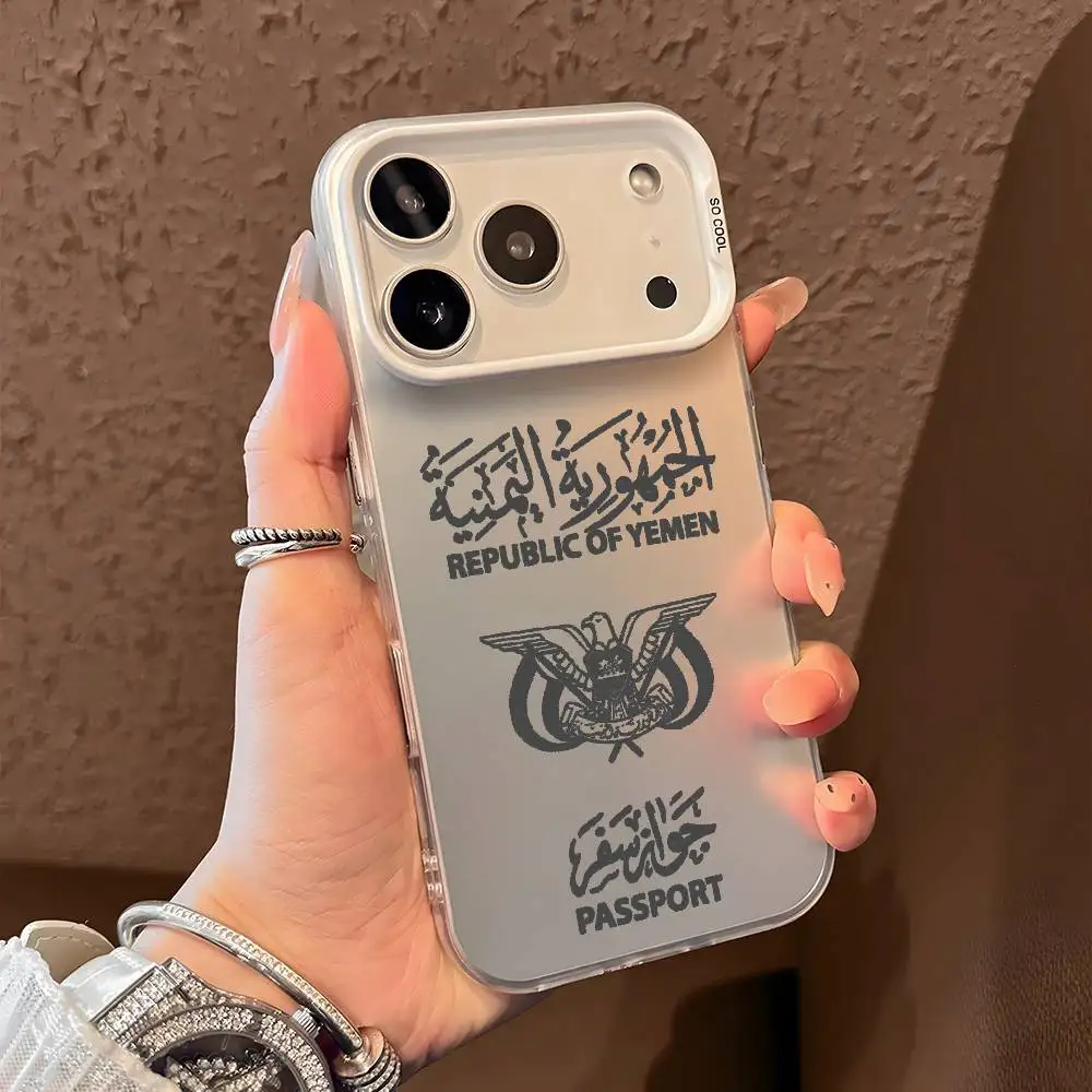 حافظة هاتف بشعار جواز السفر اليمن لهاتف آيفون 17 16 15 14 13 12 11 Pro Max Air متعدد الألوان ماتي ليزر معدني أورورا فوندا