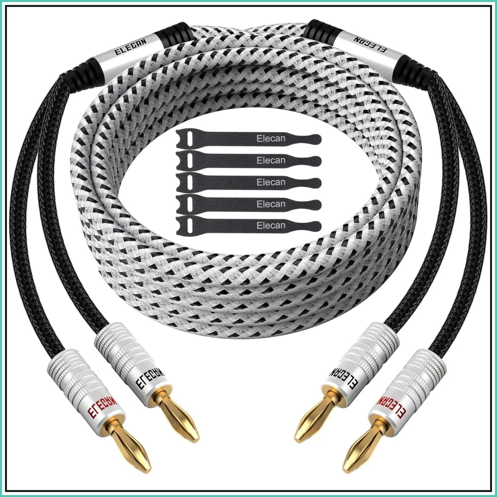 

14 AWG Speaker Cable Wire 50ft with Gold-Plated Banana Plugs, CL2 Rated, Nylon Braided, OFC, White