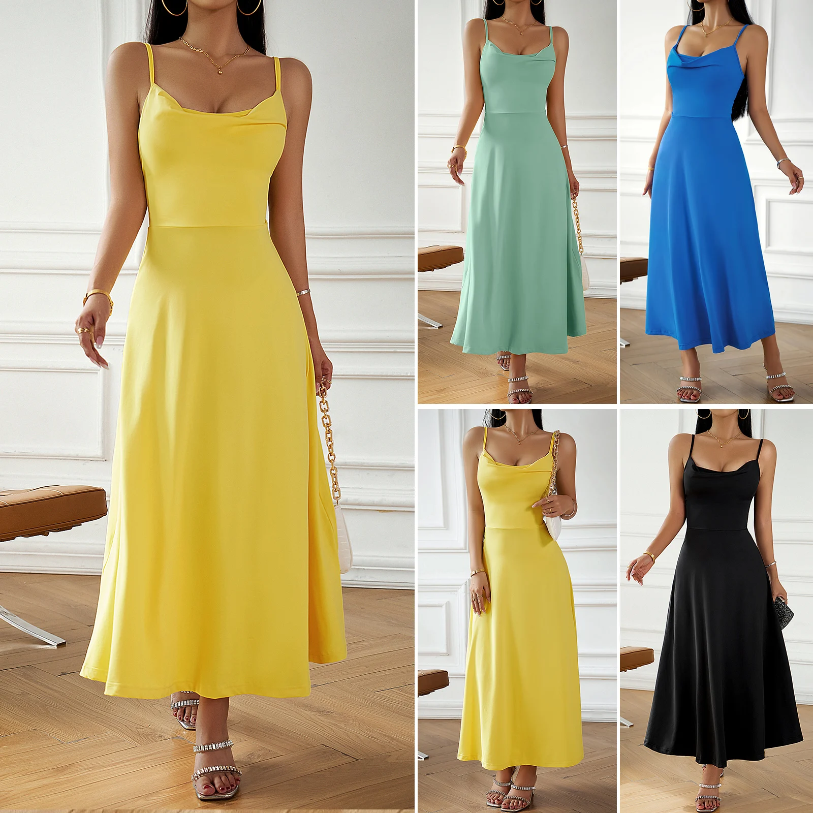 

Slim Sleeveless Spaghetti Strap Slip Dresses Sexy Solid High Waisted Backless Long Skirts Simple a Line Evening Party Gowns