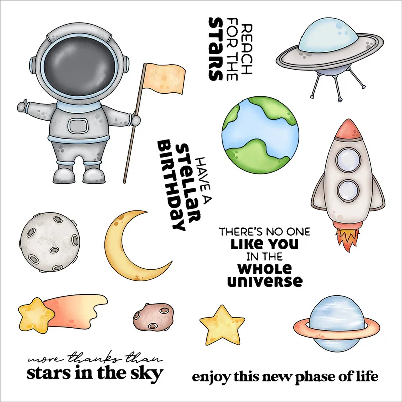 Space Astronaut Rocket Planet UFO Moon Star Cartoon Pattern Clear Stamps Die Cut Metal Cutting Dies Scrapbooking Card Making DIY