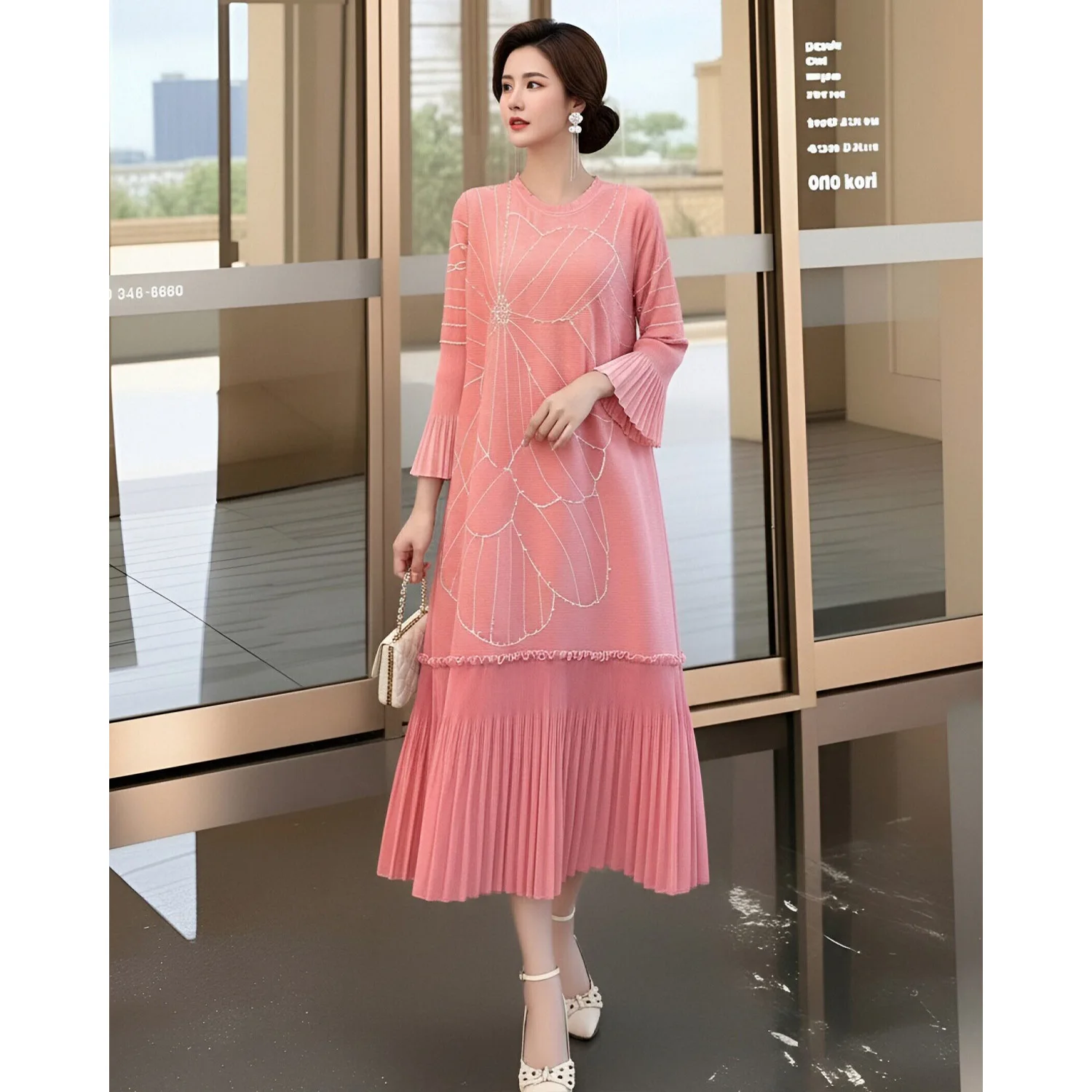 Miyake Pleated Dress Spring Dress New Seaside Vacation Elegant Mother Skirt Loose Spring Skirt