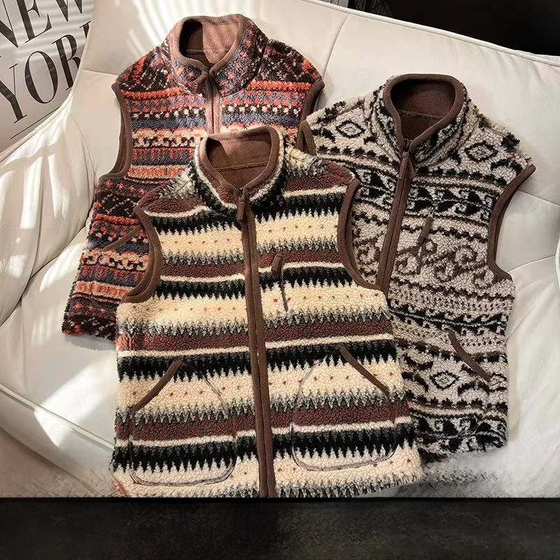 

Double-Sided Fce Warmth Outdoor Vest Lamb Fur Western Le Patterned Jaet Youth Trendy Stand Fit Zipper Closure Winter