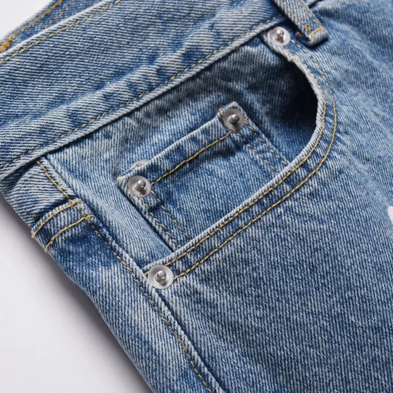 Amerikaanse Trendy Gewassen Jeans Met Kapok-Print 2024 Nieuwe Mode-Unisex Losse Casual Broek Met Rechte Pijpen, Korte Broek En Hiphop Streetwear