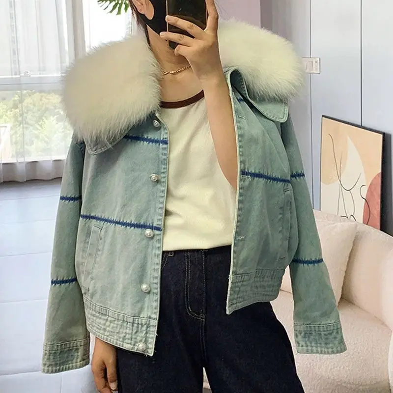 Lady Winter Women New Luxury Natural Fox Fur Big Collar Down Denim Down Jackets Warm Casual Jacket Coat