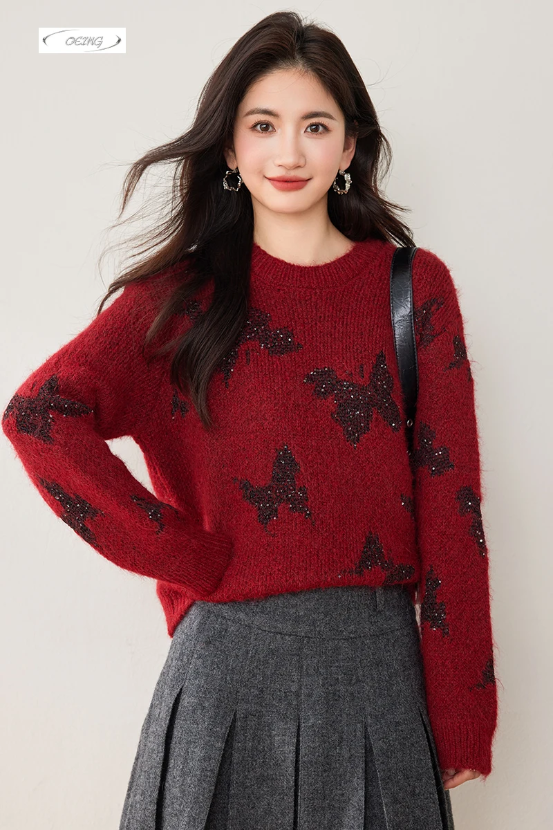

Autumn Winter Long Sleeve Sequins Butterfly Thick Pullover Swaeter for Women Elegant Sweet Loose Red Knitted Tops Knitwear 5237