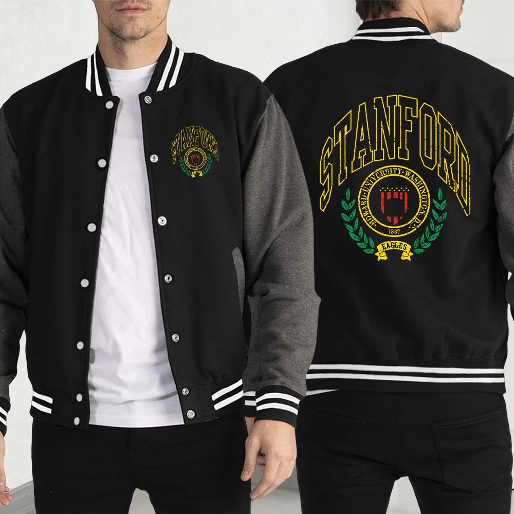 

Stanford Eagles 1867 Print Men Streetwear Hip Hop Fleece Jackets Pocket Loose Y2K Menswear Casual Oversize Baseball Jersey