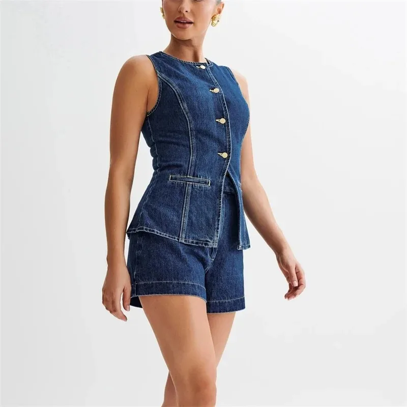 2024 Vintage Casual Denim Suits Back Split Women Sleeveless Button Splicing Slim Jacket Female Two Piece Sets High Waist Shorts