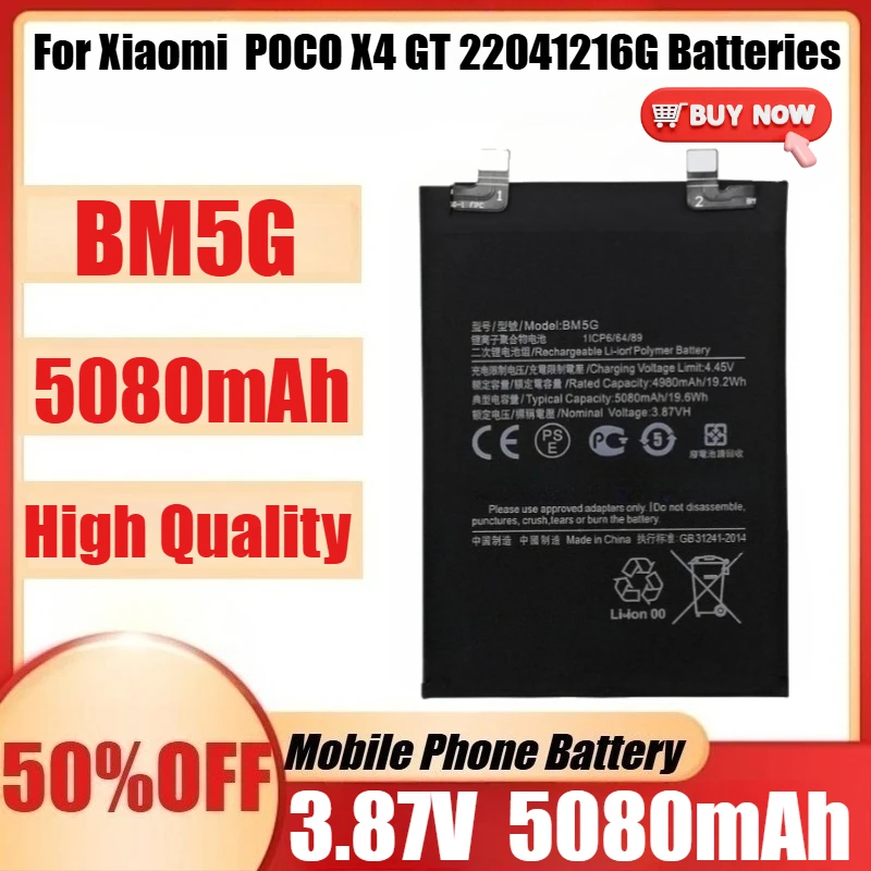 

New BM5G 3.87V 5080mAh High Quality Battery BM5G for Xiaomi POCO X4 GT 22041216G Batteries +Tools