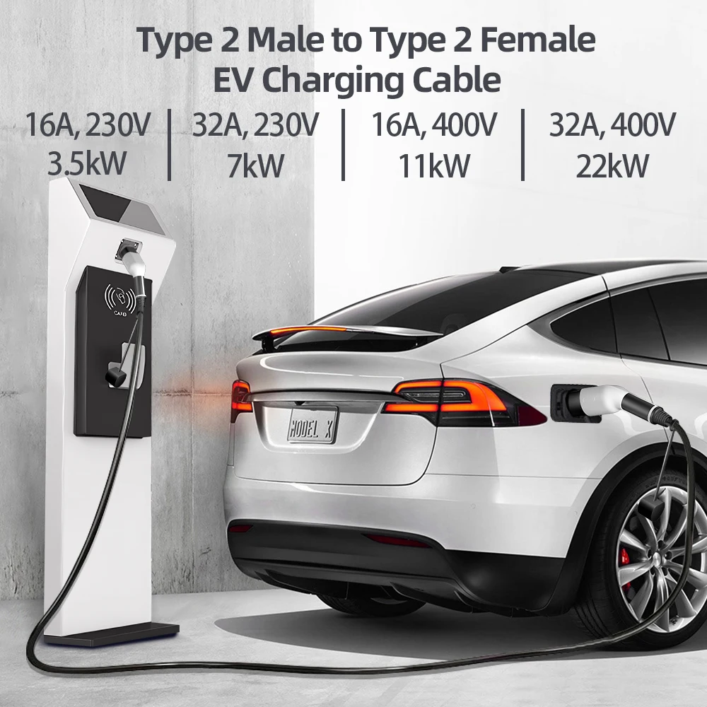 3.5KW EV充電ケーブル タイプ2 メス-オスプラグ 16A EVSE タイプ2-タイプ2 充電コード 電気自動車用 3.5M 長さ IP65