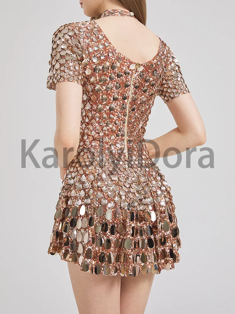 Sexy Khaki Shell Sequins Mini Dress Nightclub Dance High Quality Performance Clothing Bodysuit Birthday Red Luxury Dresses