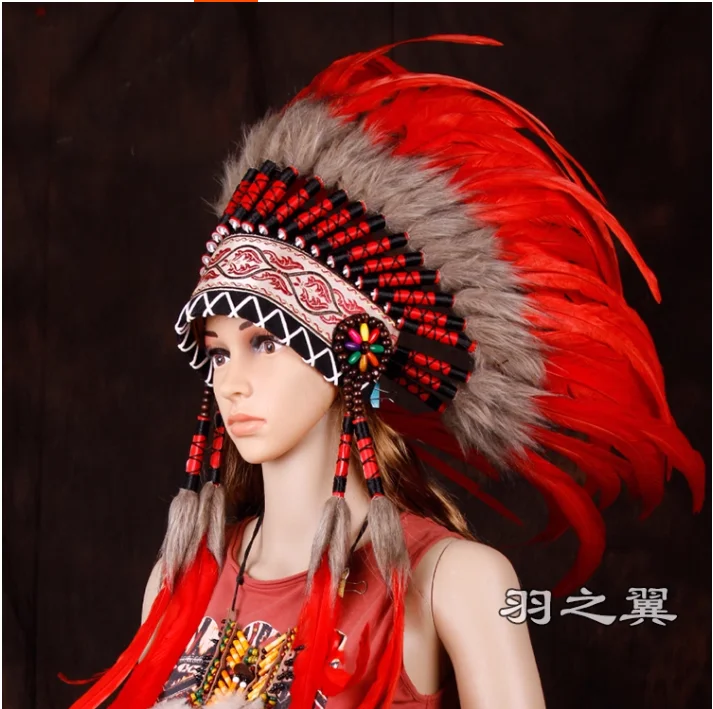 

African Tribal Red Feather Headdress, Chief Hat, Stage Performance Accessories