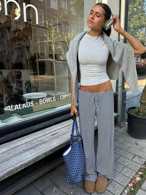 Pantalon décontracté à rayures taille basse, jambes larges, coupe droite, taille basse, Long, mélange de Polyester et de Spandex