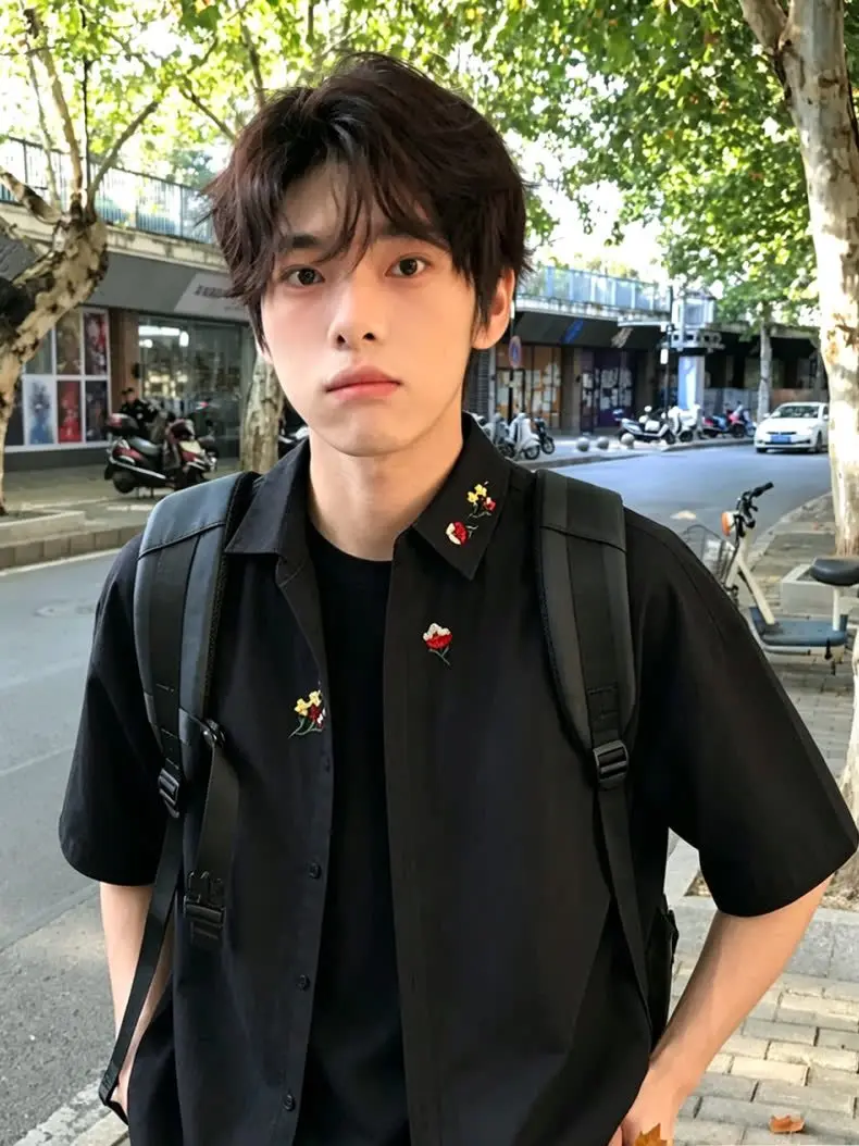 

New Chinese Style Floral Embroidery Shirt Men's Summer Ice Silk Cool Feeling Short Sleeve Turn-down Collar Loose Open Cardigan