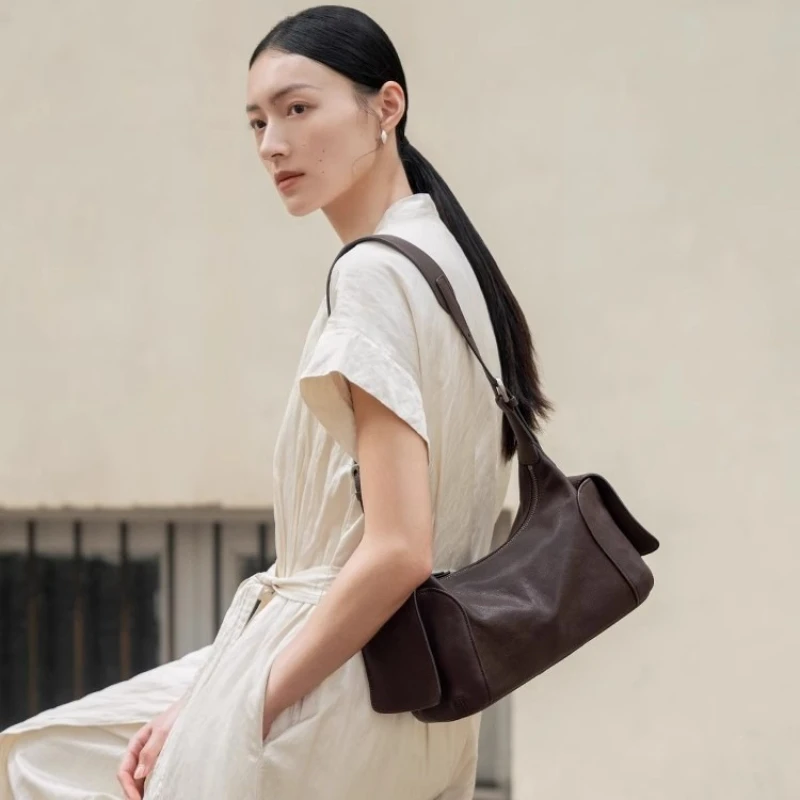 

Qiuzhen Vegetable-Tanned Lambskin Crossbody Tote Bag Retro Single-Shoulder Crossbody Bag for Women Large Capacity Commuter Bag