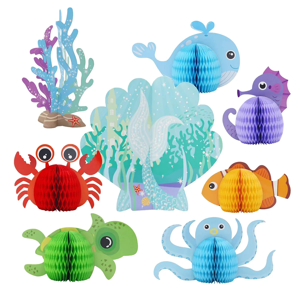 

8 Pcs Ocean Honeycomb Theme Marine Animals Ornaments Decor Birthday Paper Craft Accessories