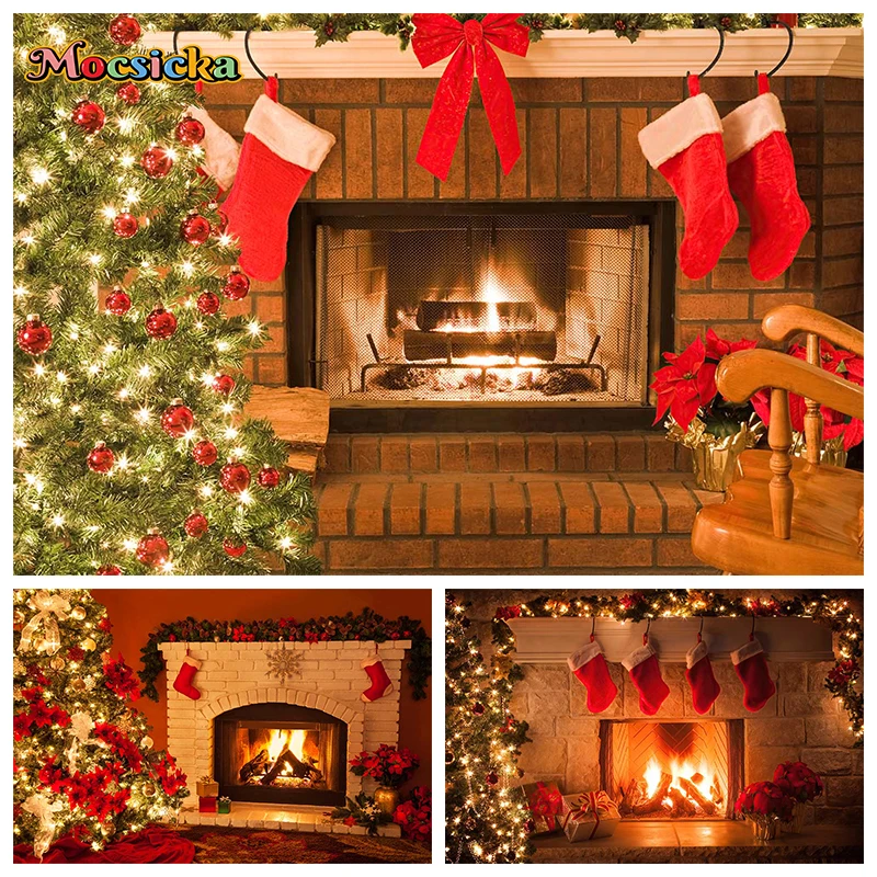 

Mocsicka Christmas Party Decoration Photography Background Xmas Tree Stocks Fireplace Burning Flames Backdrops Studio Photobooth