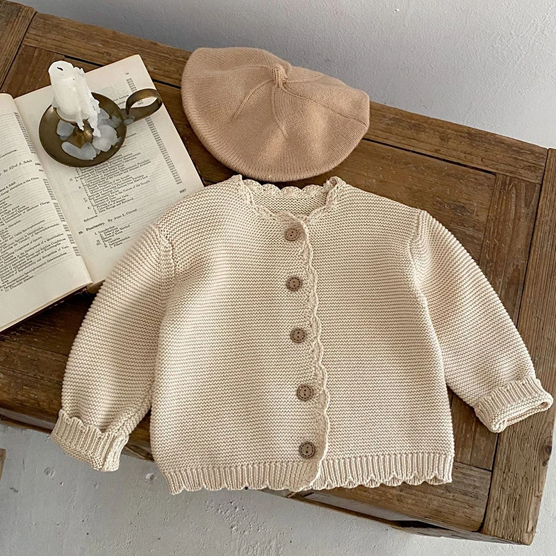 Korean Style Solid Color Long Sleeve Cardigan Coat Infant Baby Girl Knitting Cardigan Sweater Autumn Spring Children Clothes