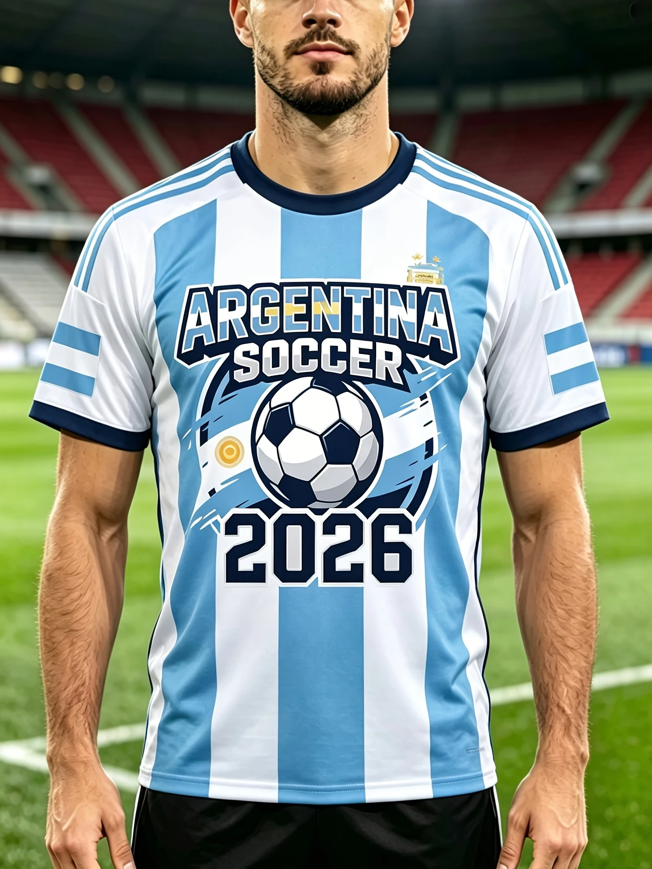 Men's Argentina Soccer 2026 Striped Football Jersey, Short Sleeve Athletic Sports Fan Tee, Casual Soccer Supporter Shirt